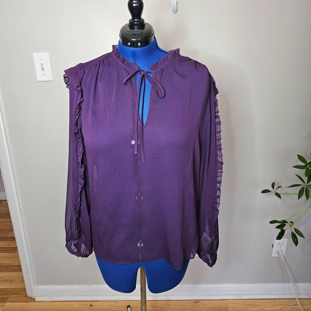 Banana Republic Purple Chiffon Ruffle Keyhole Blouse XL Sheer Long Sleeve Lined